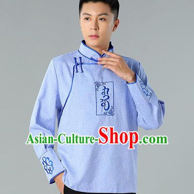 Chinese Mongolian Nationality Light Blue Linen Upper Outer Garment Traditional Mongol Ethnic Minority Shirt Costume for Men