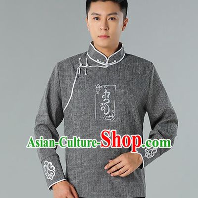 Chinese Mongolian Nationality Deep Grey Linen Upper Outer Garment Traditional Mongol Ethnic Minority Shirt Costume for Men