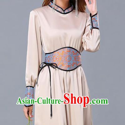 Chinese Traditional Mongolian Embroidered Champagne Short Dress Minority Garment Mongol Ethnic Nationality Stand Collar Costume for Women