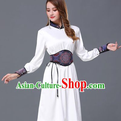 Chinese Traditional Mongolian Embroidered White Short Dress Minority Garment Mongol Ethnic Nationality Stand Collar Costume for Women