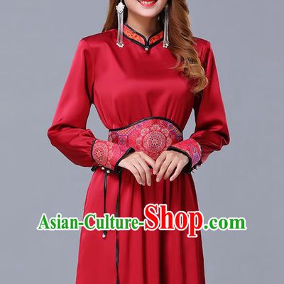 Chinese Traditional Mongolian Embroidered Red Short Dress Minority Garment Mongol Ethnic Nationality Stand Collar Costume for Women