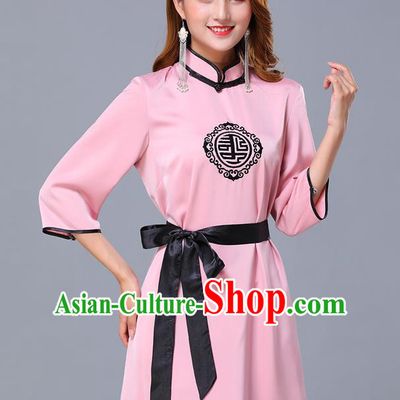 Chinese Traditional National Pink Short Dress Mongolian Minority Garment Mongol Ethnic Nationality Costume for Women