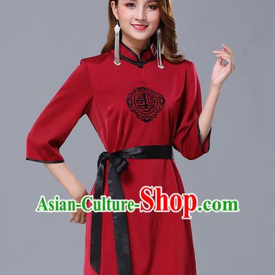 Chinese Traditional National Wine Red Short Dress Mongolian Minority Garment Mongol Ethnic Nationality Costume for Women