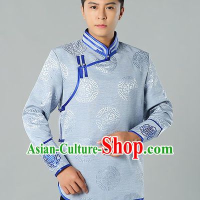 Chinese Mongol Nationality Upper Outer Garment Traditional Ethnic Minority Costume Grey Jacket for Men