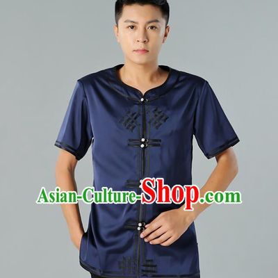 Chinese Mongol Nationality Navy Silk Short Sleeve Shirt Traditional Ethnic Minority Costume Upper Outer Garment for Men