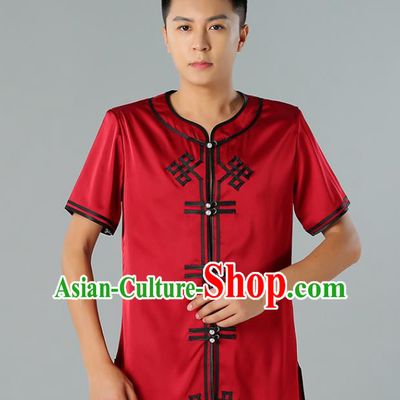 Chinese Mongol Nationality Red Silk Short Sleeve Shirt Traditional Ethnic Minority Costume Upper Outer Garment for Men