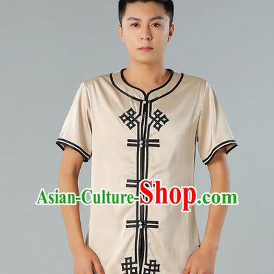 Chinese Mongol Nationality Beige Silk Short Sleeve Shirt Traditional Ethnic Minority Costume Upper Outer Garment for Men