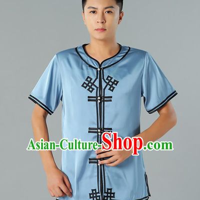 Chinese Mongol Nationality Blue Silk Short Sleeve Shirt Traditional Ethnic Minority Costume Upper Outer Garment for Men