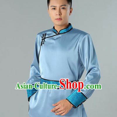 Chinese National Blue Shirt Traditional Ethnic Upper Outer Garment Mongol Minority Informal Costume for Men