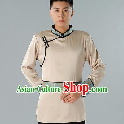 Chinese National Champagne Shirt Traditional Ethnic Upper Outer Garment Mongol Minority Informal Costume for Men