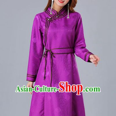 Chinese Traditional Mongol Ethnic Purple Brocade Dress Costume Mongolian Minority Woman Informal Garment