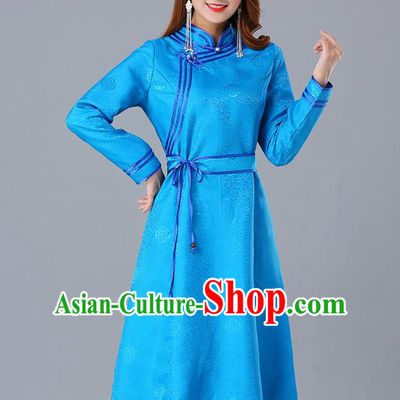 Chinese Traditional Mongol Ethnic Blue Brocade Dress Costume Mongolian Minority Woman Informal Garment