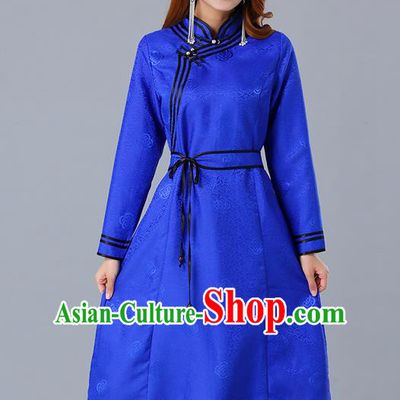 Chinese Traditional Mongol Ethnic Royalblue Brocade Dress Costume Mongolian Minority Woman Informal Garment