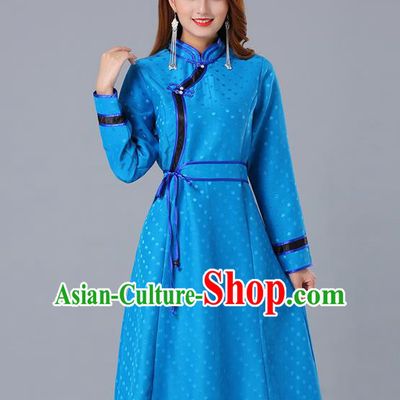 Chinese Traditional Mongol Costume Mongolian Minority Woman Informal Garment Ethnic Blue Brocade Dress