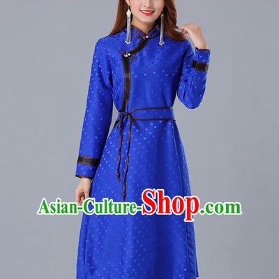 Chinese Traditional Mongol Costume Mongolian Minority Woman Informal Garment Ethnic Royalblue Brocade Dress