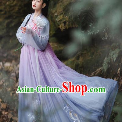 Chinese Traditional Palace Hanfu Blue Blouse and Dress Ancient Tang Dynasty Royal Princess Garment Embroidered Costumes Full Set