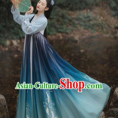 Chinese Traditional Palace Lady Embroidered Hanfu Blouse and Dress Costumes Ancient Tang Dynasty Princess Garment for Women