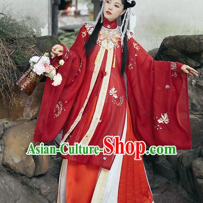 Chinese Traditional Hanfu Garment Ancient Ming Dynasty Palace Princess Costumes Red Blouse Shoulder Collar and Skirt Full Set