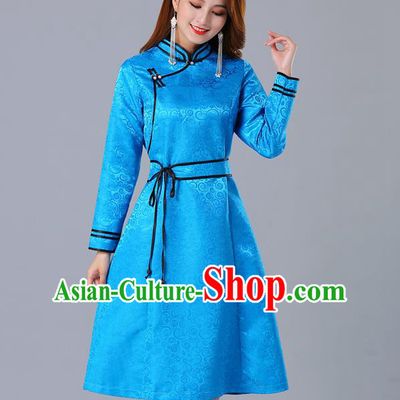 Chinese Traditional Mongol Ethnic Woman Informal Costume Mongolian Minority Garment Blue Brocade Dress