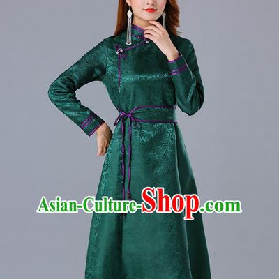 Chinese Traditional Mongol Ethnic Woman Informal Costume Mongolian Minority Garment Green Brocade Dress