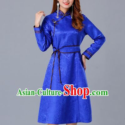 Chinese Traditional Mongol Ethnic Woman Informal Costume Mongolian Minority Garment Royalblue Brocade Dress