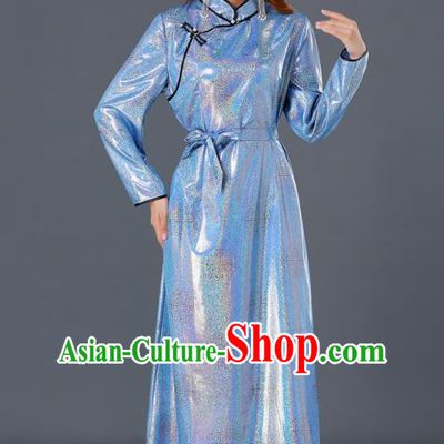 Chinese Traditional Mongolian Blue Dress Ethnic Woman Informal Costume Mongol Minority Garment