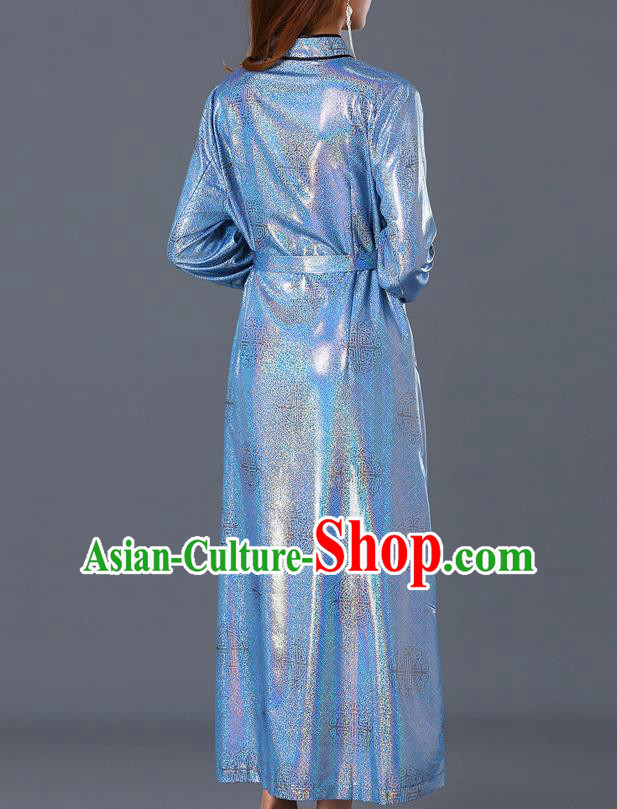 Chinese Traditional Mongolian Blue Dress Ethnic Woman Informal Costume Mongol Minority Garment Chinese Traditional Mongolian Blue Dress Ethnic Woman Informal Costume Mongol Minority Garment