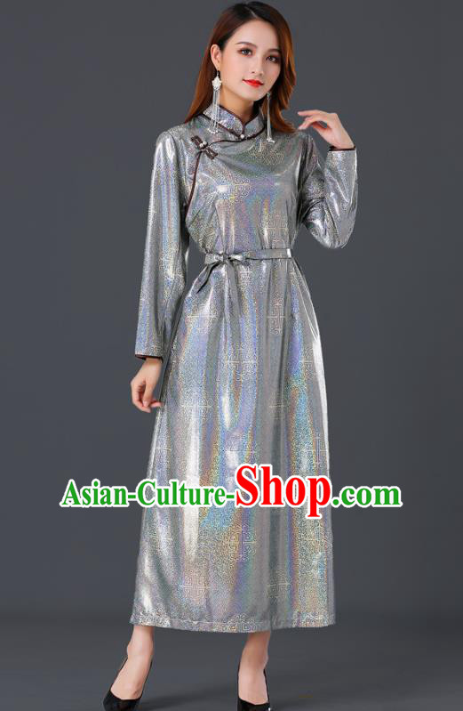Chinese Traditional Mongolian Grey Dress Ethnic Woman Informal Costume Mongol Minority Garment Chinese Traditional Mongolian Grey Dress Ethnic Woman Informal Costume Mongol Minority Garment