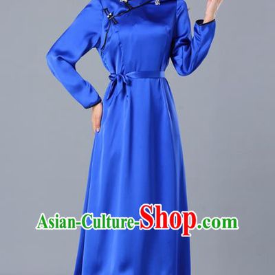 Chinese Traditional Mongolian Nationality Royalblue Satin Dress Ethnic Woman Informal Costume Mongol Minority Garment Apparels