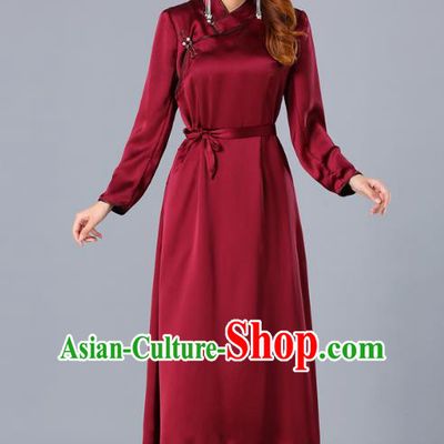 Chinese Traditional Mongolian Nationality Wine Red Satin Dress Ethnic Woman Informal Costume Mongol Minority Garment Apparels