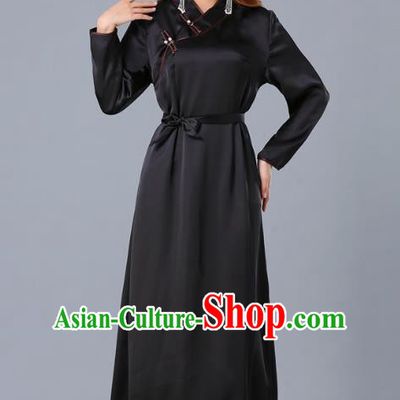 Chinese Traditional Mongolian Nationality Black Satin Dress Ethnic Woman Informal Costume Mongol Minority Garment Apparels