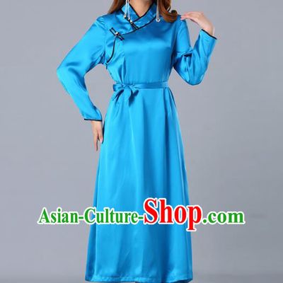 Chinese Traditional Mongolian Nationality Blue Satin Dress Ethnic Woman Informal Costume Mongol Minority Garment Apparels