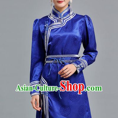 Traditional Chinese Mongolian Nationality Royalblue Brocade Short Dress Ethnic Informal Costume Mongol Minority Garment Woman Apparels