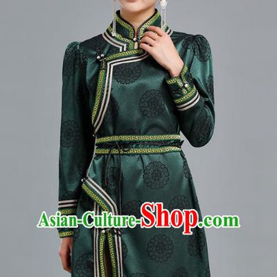Traditional Chinese Mongolian Nationality Green Brocade Short Dress Ethnic Informal Costume Mongol Minority Garment Woman Apparels