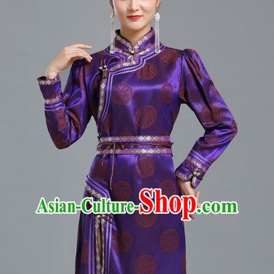 Traditional Chinese Mongolian Nationality Purple Brocade Short Dress Ethnic Informal Costume Mongol Minority Garment Woman Apparels