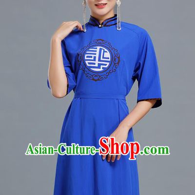 Traditional Chinese Woman Apparels Mongolian Nationality Royalblue Dress Ethnic Informal Costume Mongol Minority Garment