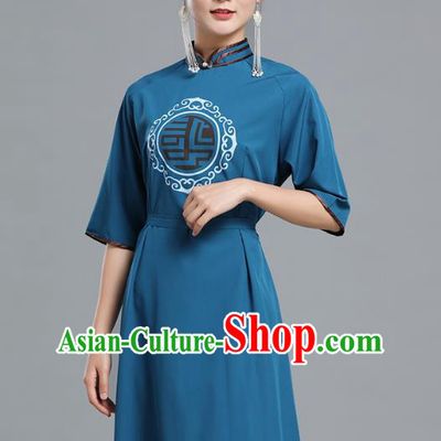 Traditional Chinese Woman Apparels Mongolian Nationality Teal Dress Ethnic Informal Costume Mongol Minority Garment