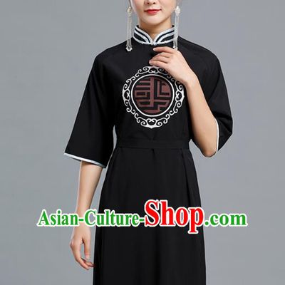 Traditional Chinese Woman Apparels Mongolian Nationality Black Dress Ethnic Informal Costume Mongol Minority Garment
