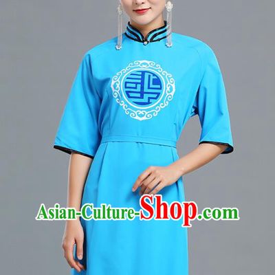 Traditional Chinese Woman Apparels Mongolian Nationality Blue Dress Ethnic Informal Costume Mongol Minority Garment