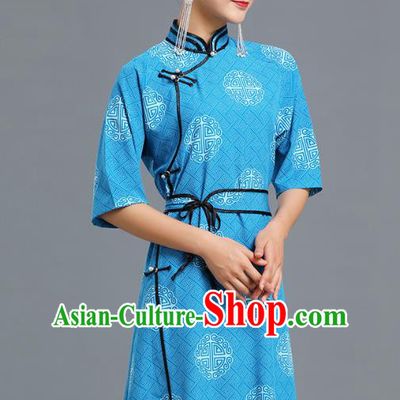 Traditional Chinese Ethnic Informal Costume Woman Apparels Mongol Minority Garment Mongolian Nationality Blue Dress