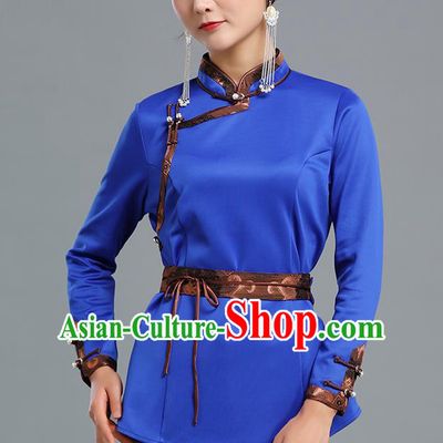 Traditional Chinese Ethnic Royalblue Blouse Woman Apparels Mongol Minority Upper Outer Garment Mongolian Nationality Informal Costume
