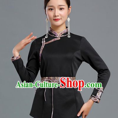 Traditional Chinese Ethnic Black Blouse Woman Apparels Mongol Minority Upper Outer Garment Mongolian Nationality Informal Costume