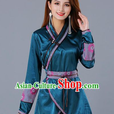 Traditional Chinese Ethnic Woman Dark Green Blouse Apparels Mongol Minority Upper Outer Garment Mongolian Nationality Informal Costume