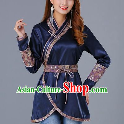 Traditional Chinese Ethnic Woman Navy Blouse Apparels Mongol Minority Upper Outer Garment Mongolian Nationality Informal Costume