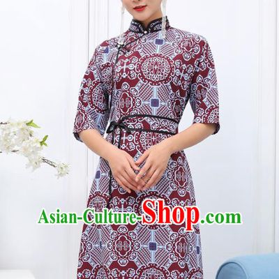 Traditional Chinese Ethnic Woman Wine Red Dress Mongol Minority Garment Costume Mongolian Nationality Informal Apparels