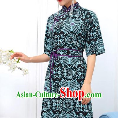 Traditional Chinese Ethnic Woman Green Dress Mongol Minority Garment Costume Mongolian Nationality Informal Apparels