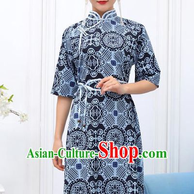 Traditional Chinese Ethnic Woman Blue Dress Mongol Minority Garment Costume Mongolian Nationality Informal Apparels