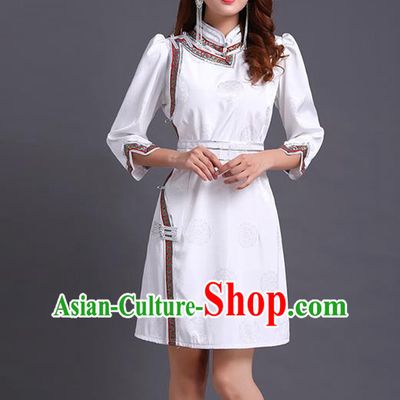 Traditional Chinese Ethnic Costume Mongol Minority White Dress Garment Mongolian Nationality Apparels for Woman