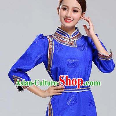 Traditional Chinese Ethnic Costume Mongol Minority Royalblue Dress Garment Mongolian Nationality Apparels for Woman
