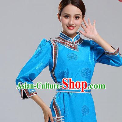 Traditional Chinese Ethnic Costume Mongol Minority Blue Dress Garment Mongolian Nationality Apparels for Woman